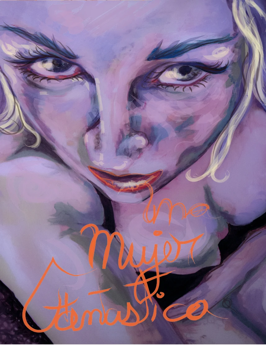 Retrato de Diego Pazos en tonos violetas, con mirada frontal y escritura gestual naranja.
